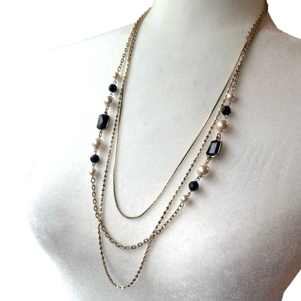 Long Gold Tone Multi Layered Chains with 
Black Beads and Pearls